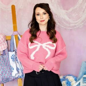 Bow Print Knit Pullover Oversized Sweater